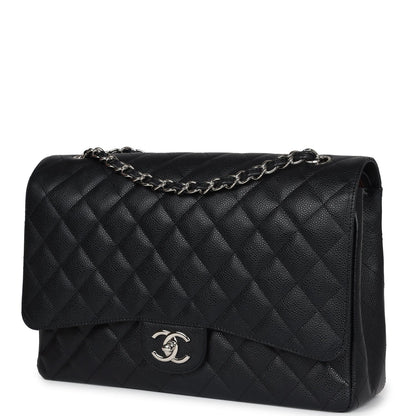 Chanel Maxi Classic Double Flap Bag Black Caviar Silver Hardware