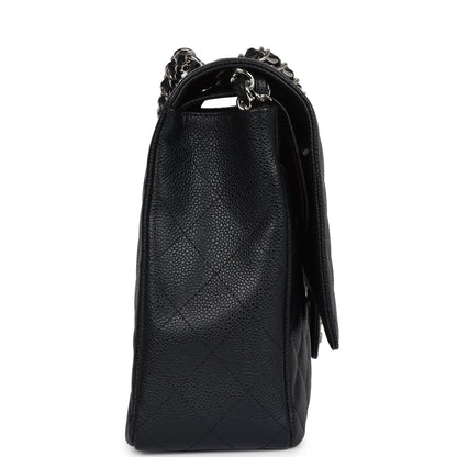 Chanel Maxi Classic Double Flap Bag Black Caviar Silver Hardware