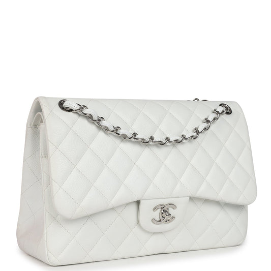 Chanel Jumbo Classic Single Flap Bag White Caviar Silver Hardware