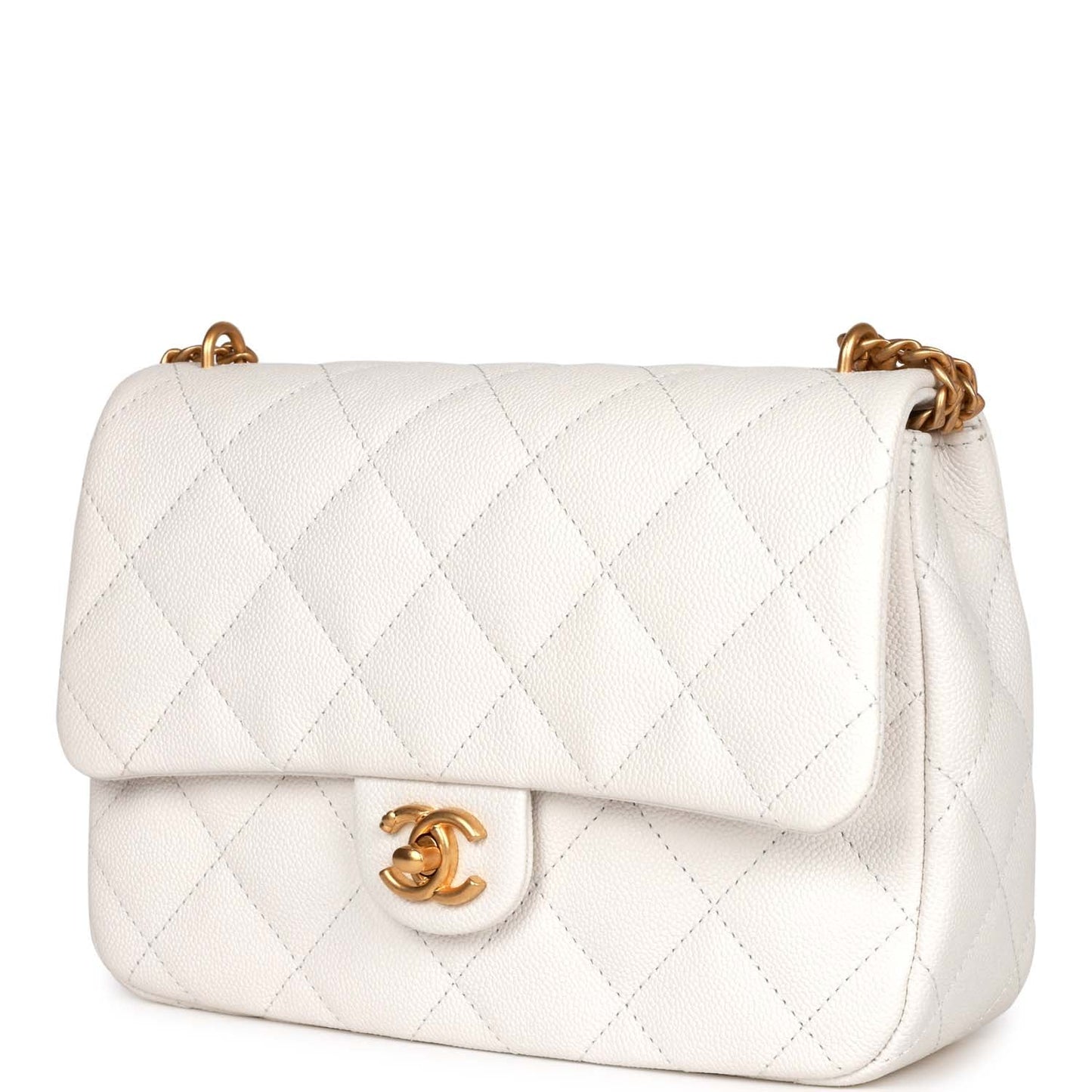 Chanel Large Single Flap White Caviar Leather Antique Gold Hardware