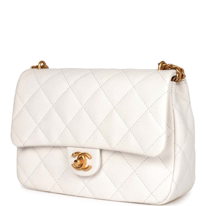 Chanel Large Single Flap White Caviar Leather Antique Gold Hardware