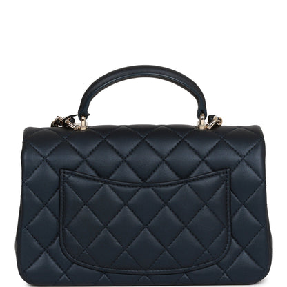 Chanel Mini Rectangular Flap Bag with Top Handle Dark Blue Lambskin Light Gold Hardware