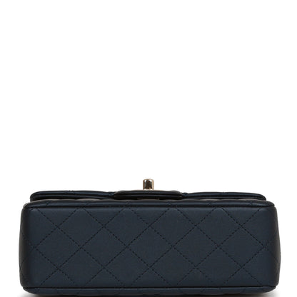 Chanel Mini Rectangular Flap Bag with Top Handle Dark Blue Lambskin Light Gold Hardware