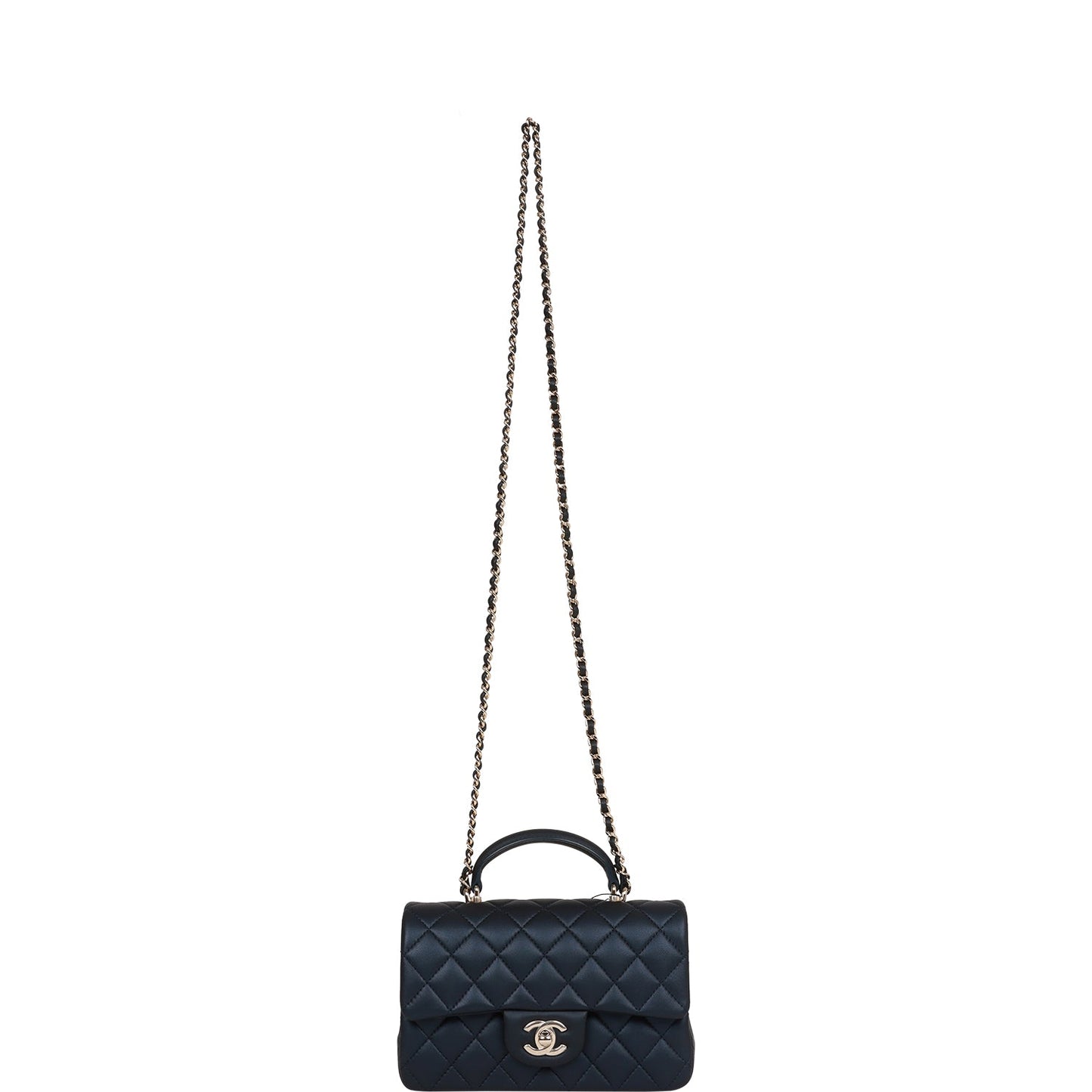 Chanel Mini Rectangular Flap Bag with Top Handle Dark Blue Lambskin Light Gold Hardware