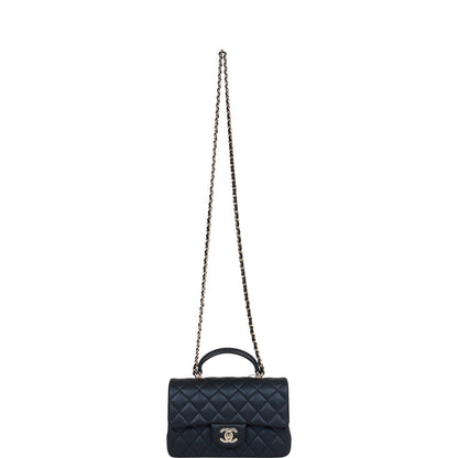 Chanel Mini Rectangular Flap Bag with Top Handle Dark Blue Lambskin Light Gold Hardware