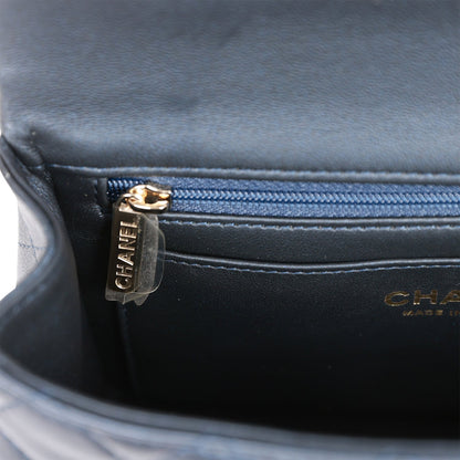Chanel Mini Rectangular Flap Bag with Top Handle Dark Blue Lambskin Light Gold Hardware