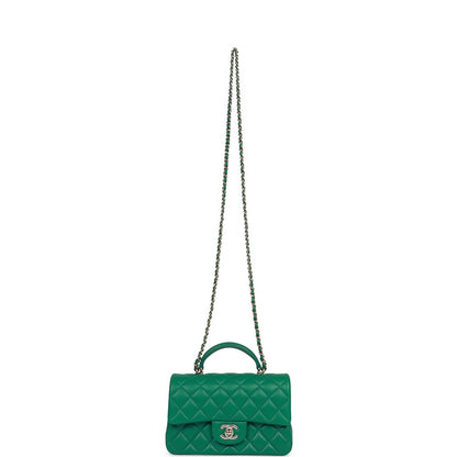 Chanel Mini Rectangular Flap with Top Handle Green Lambskin Light Gold Hardware