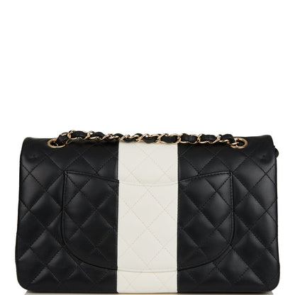 Chanel Medium Classic Double Flap Bag Black and White Lambskin Light Gold Hardware