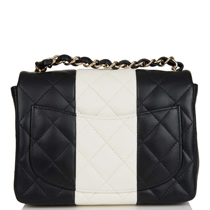 Chanel Mini Square Flap Bag Black and White Lambskin Light Gold Hardware