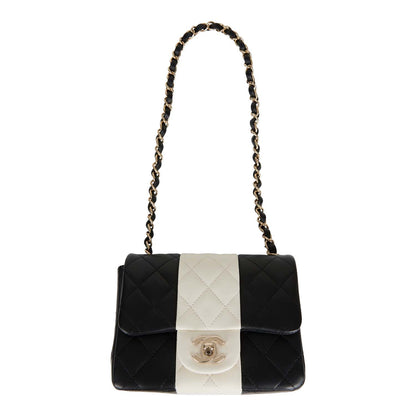 Chanel Mini Square Flap Bag Black and White Lambskin Light Gold Hardware