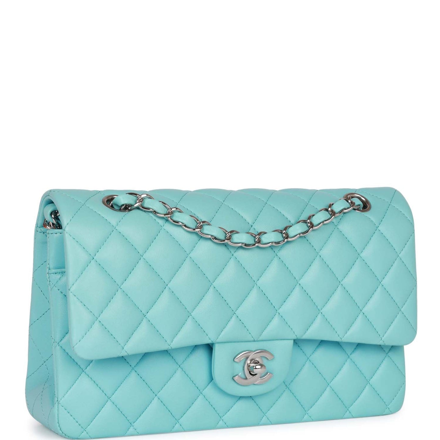 Chanel Medium Classic Double Flap Bag Tiffany Blue Lambskin Silver Hardware