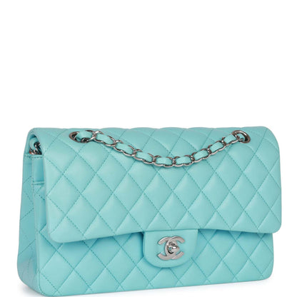 Chanel Medium Classic Double Flap Bag Tiffany Blue Lambskin Silver Hardware