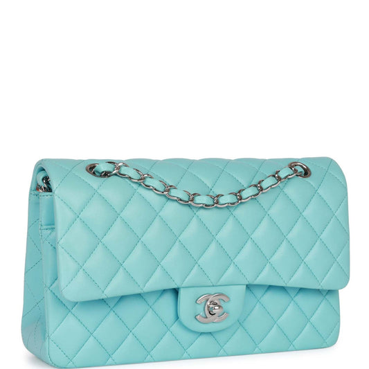Chanel Medium Classic Double Flap Bag Tiffany Blue Lambskin Silver Hardware