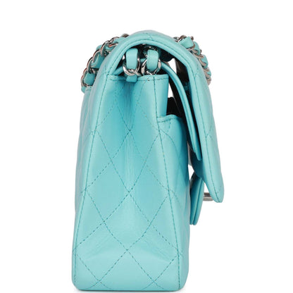 Chanel Medium Classic Double Flap Bag Tiffany Blue Lambskin Silver Hardware