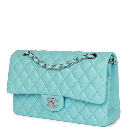 Chanel Medium Classic Double Flap Bag Tiffany Blue Lambskin Silver Hardware