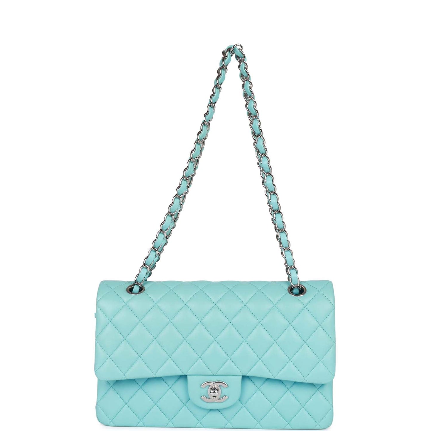 Chanel Medium Classic Double Flap Bag Tiffany Blue Lambskin Silver Hardware