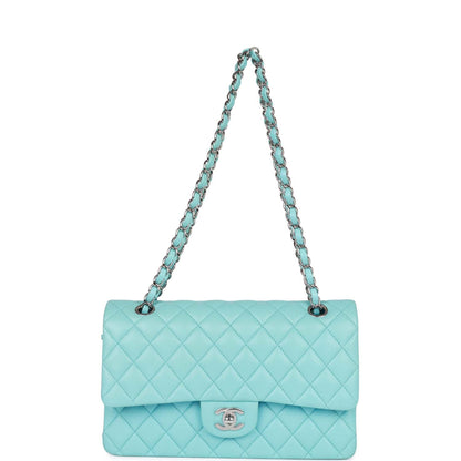 Chanel Medium Classic Double Flap Bag Tiffany Blue Lambskin Silver Hardware