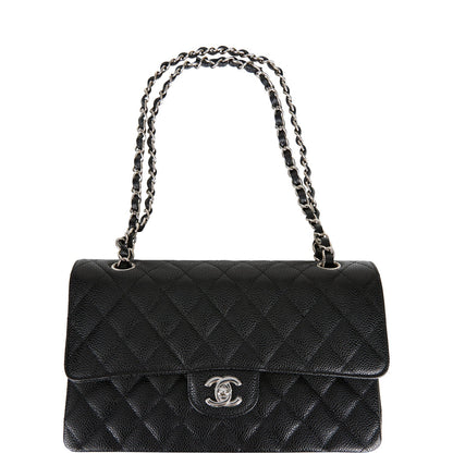Chanel Medium Classic Double Flap Bag Black Quilted Caviar Silver Hardware