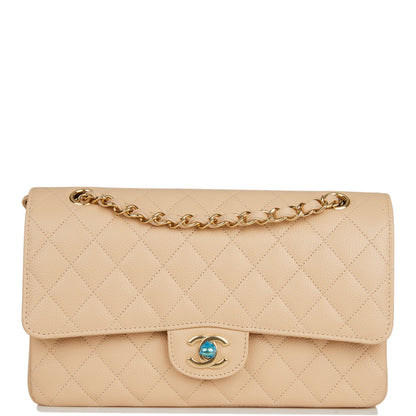 Chanel Medium Classic Double Flap Bag Beige Quilted Caviar Gold Hardware