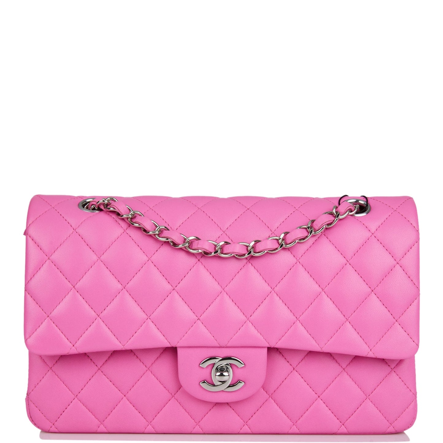Chanel Medium Classic Double Flap Bag Neon Pink Quilted Lambskin Silver Hardware