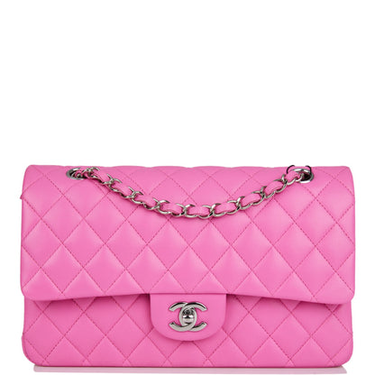 Chanel Medium Classic Double Flap Bag Neon Pink Quilted Lambskin Silver Hardware