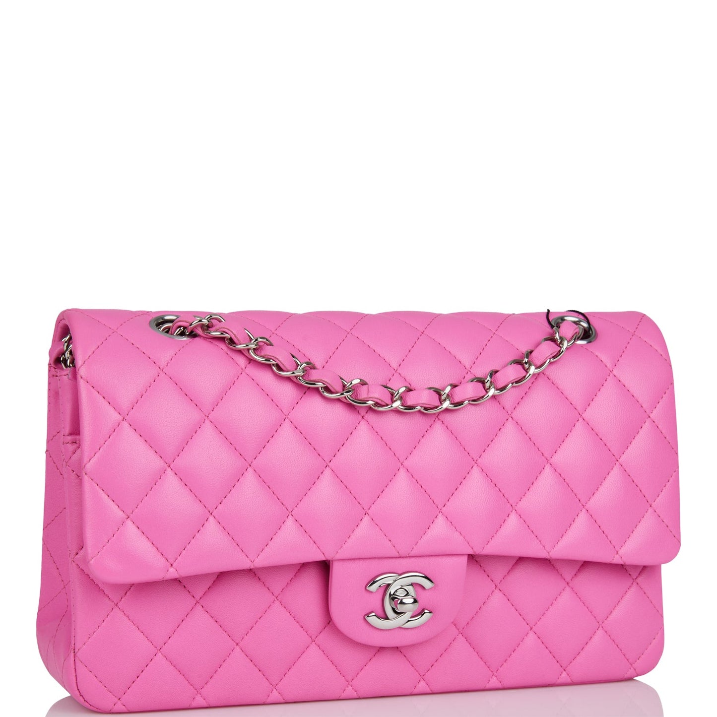 Chanel Medium Classic Double Flap Bag Neon Pink Quilted Lambskin Silver Hardware
