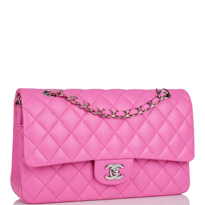 Chanel Medium Classic Double Flap Bag Neon Pink Quilted Lambskin Silver Hardware
