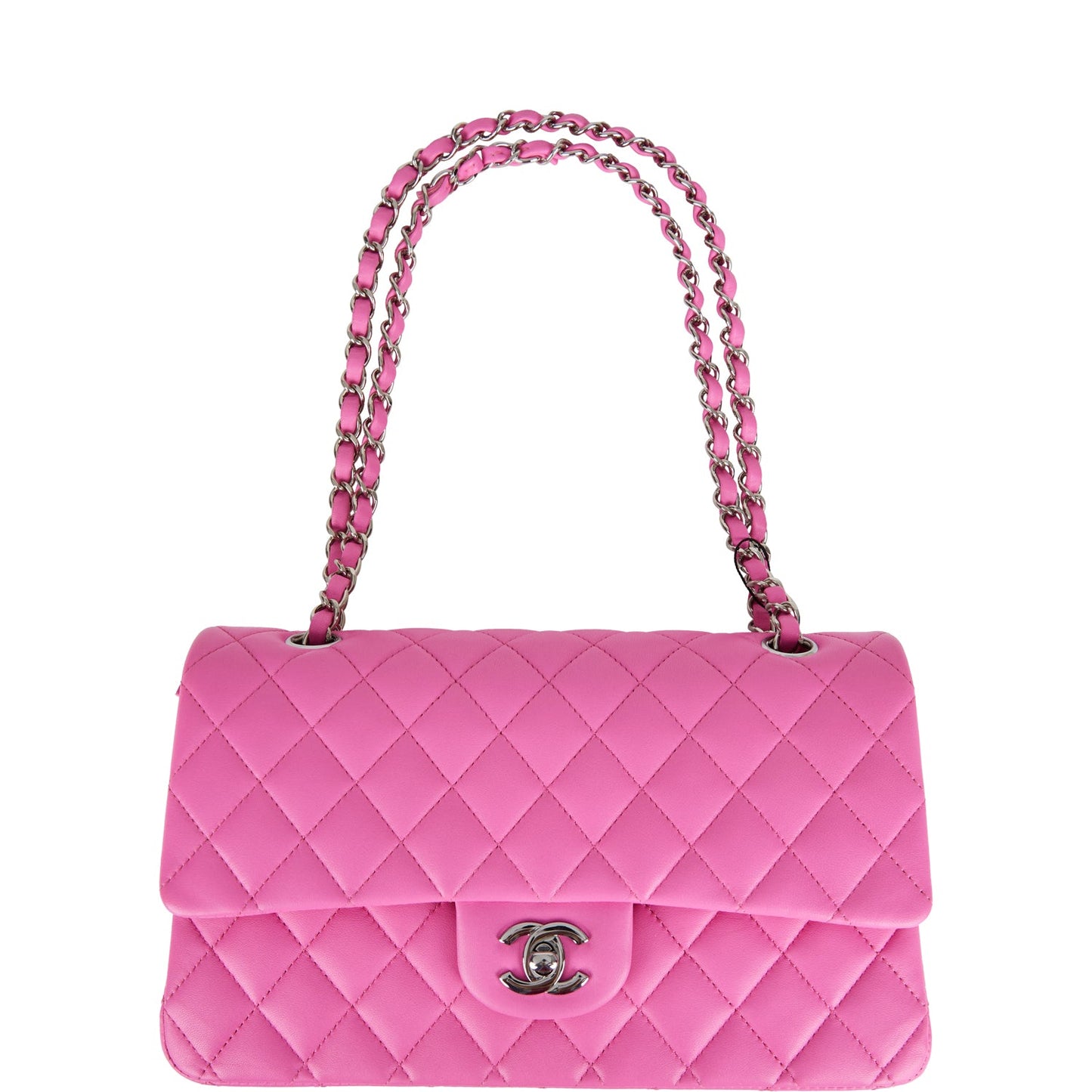Chanel Medium Classic Double Flap Bag Neon Pink Quilted Lambskin Silver Hardware