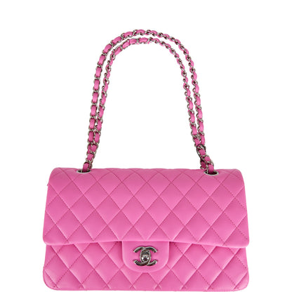 Chanel Medium Classic Double Flap Bag Neon Pink Quilted Lambskin Silver Hardware