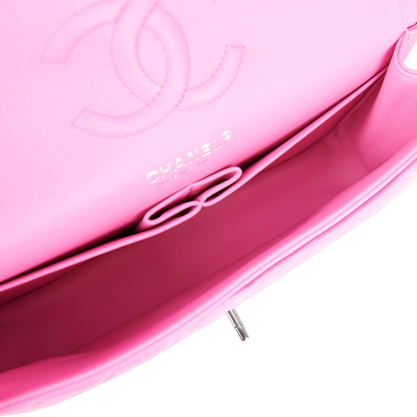 Chanel Medium Classic Double Flap Bag Neon Pink Quilted Lambskin Silver Hardware