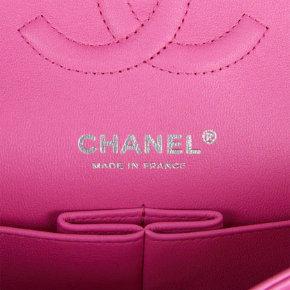 Chanel Medium Classic Double Flap Bag Neon Pink Quilted Lambskin Silver Hardware