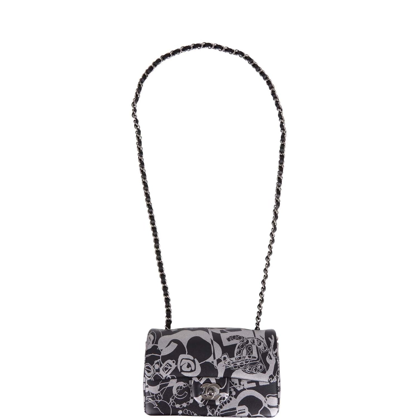 Chanel Mini Rectangular Flap Bag Black and Silver Printed Lambskin Silver Hardware