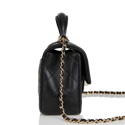 Chanel Mini Rectangular Flap Bag with Top Handle Black Lambskin Light Gold Hardware