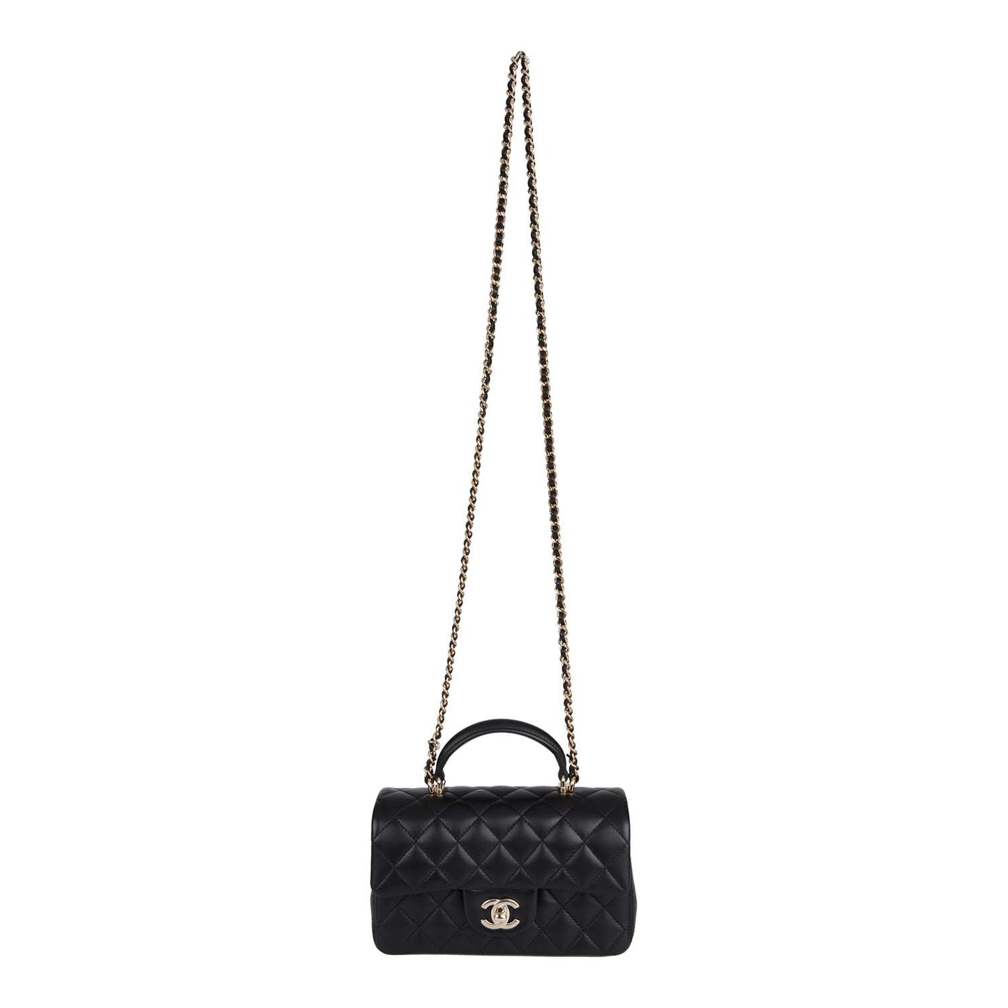 Chanel Mini Rectangular Flap Bag with Top Handle Black Lambskin Light Gold Hardware