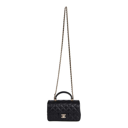 Chanel Mini Rectangular Flap Bag with Top Handle Black Lambskin Light Gold Hardware