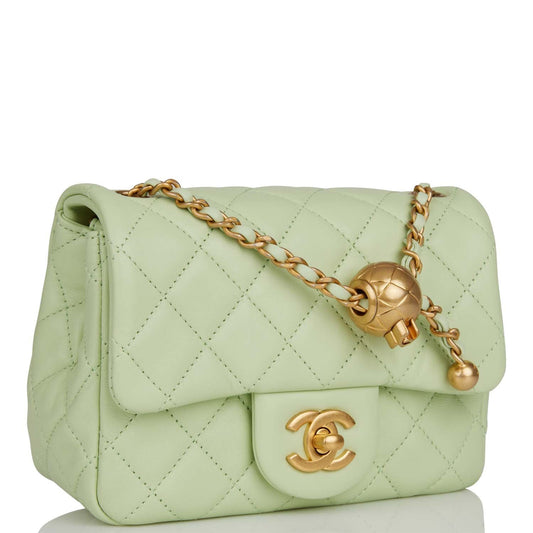 Chanel Pearl Crush Mini Square Flap Bag Light Green Lambskin Antique Gold Hardware