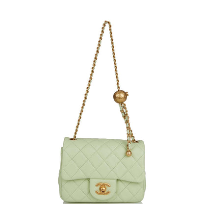 Chanel Pearl Crush Mini Square Flap Bag Light Green Lambskin Antique Gold Hardware