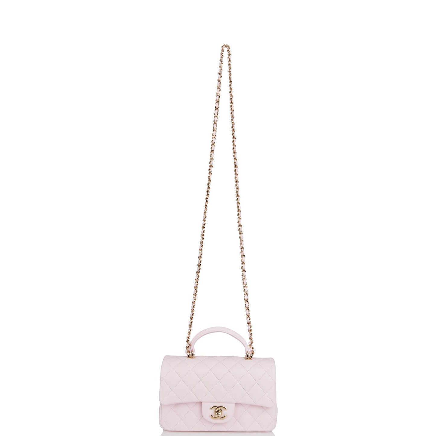 Chanel Mini Rectangular Flap Bag with Top Handle Light Pink Lambskin Light Gold Hardware