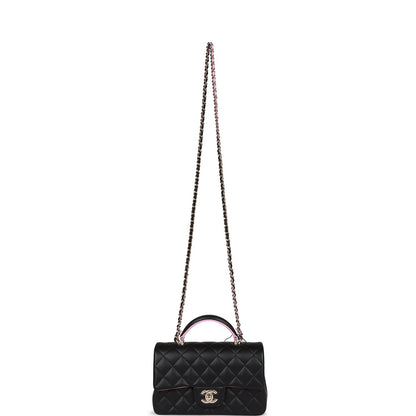 Chanel Mini Rectangular Flap Bag with Top Handle Black and Pink Lambskin Light Gold Hardware