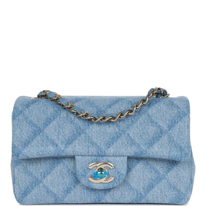 Chanel Mini Rectangular Flap Bag Blue Denim Light Gold Hardware