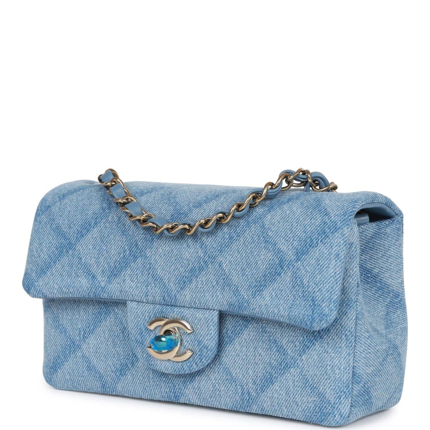 Chanel Mini Rectangular Flap Bag Blue Denim Light Gold Hardware