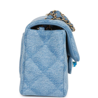 Chanel Mini Rectangular Flap Bag Blue Denim Light Gold Hardware