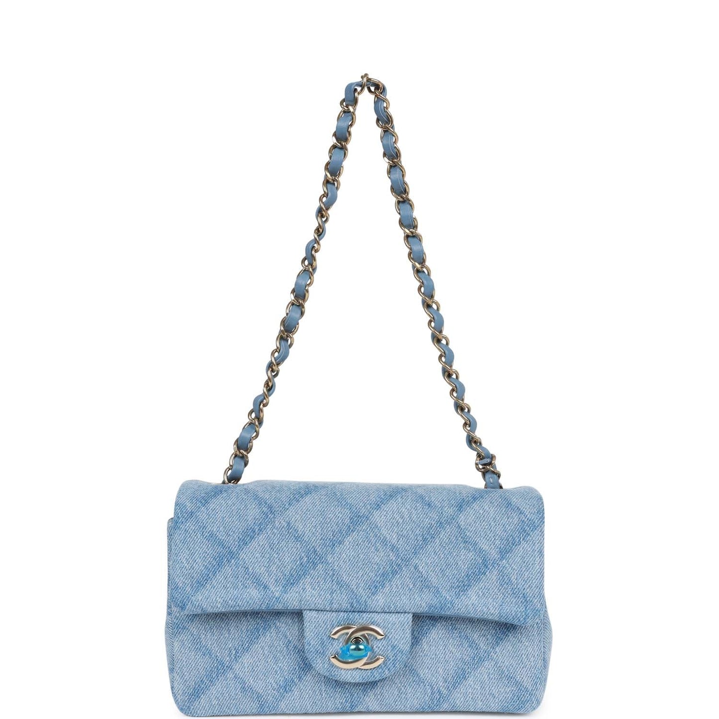 Chanel Mini Rectangular Flap Bag Blue Denim Light Gold Hardware