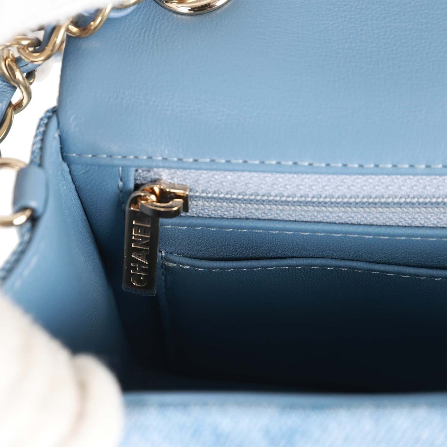 Chanel Mini Rectangular Flap Bag Blue Denim Light Gold Hardware