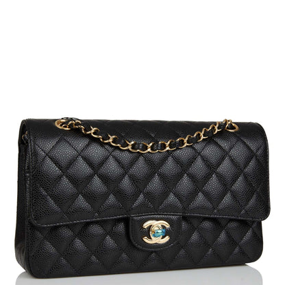 Chanel Medium Classic Double Flap Bag Black Quilted Caviar Gold Hardware