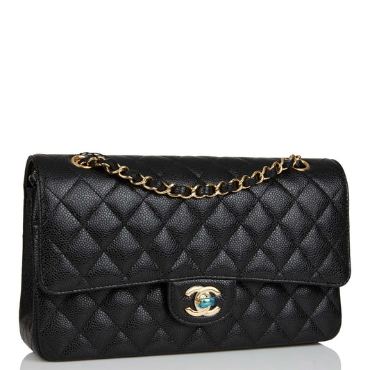 Chanel Medium Classic Double Flap Bag Black Quilted Caviar Gold Hardware