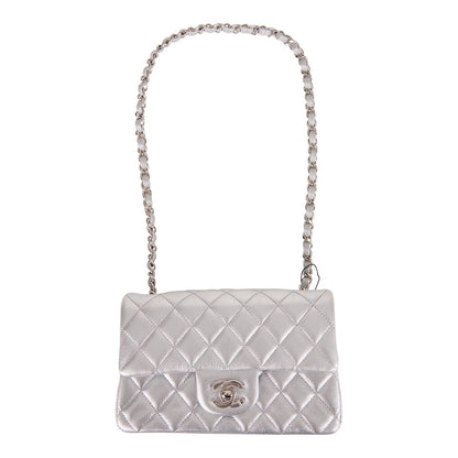 Chanel Mini Rectangular Flap Bag Silver Iridescent Lambskin Silver Hardware