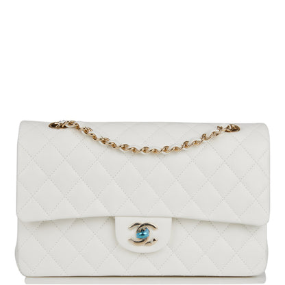 Chanel Medium Classic Double Flap Bag White Quilted Caviar Light Gold Hardware