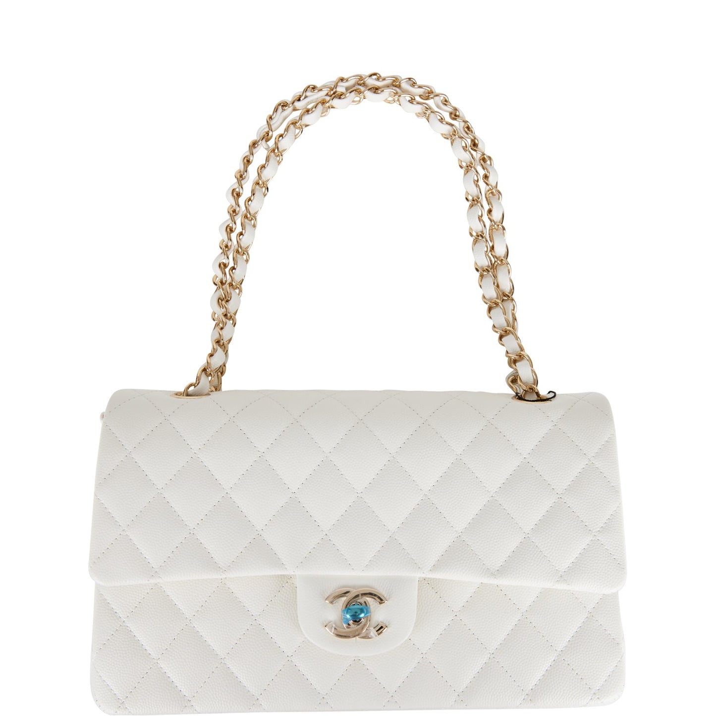 Chanel Medium Classic Double Flap Bag White Quilted Caviar Light Gold Hardware