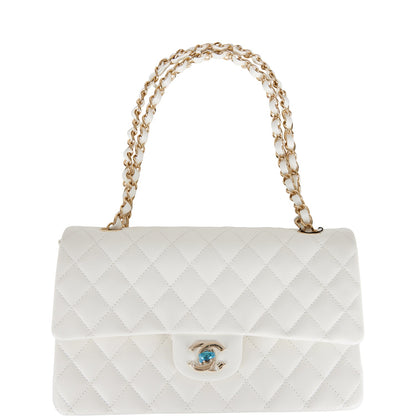 Chanel Medium Classic Double Flap Bag White Quilted Caviar Light Gold Hardware